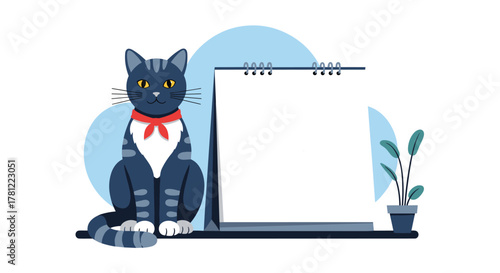 Cute black cat with a red bandana sitting next to a blank spiral notepad, with a small potted plant in the background.