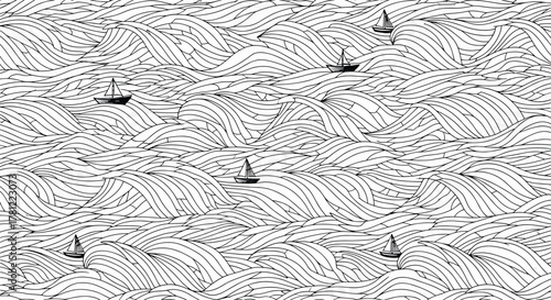 Seamless black and white line art pattern of stylized ocean waves with small sailboats navigating the rough sea for a background.