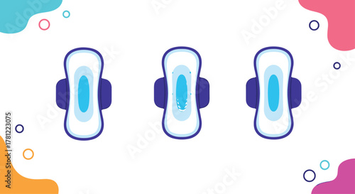 Three feminine hygiene sanitary pads with wings for menstruation protection, illustrated in a clean, modern flat design style.