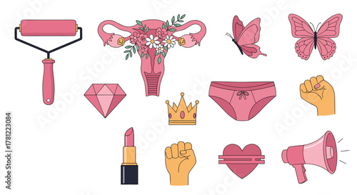 Collection of feminist symbols and women empowerment icons in shades of pink, including a uterus, fist, and lipstick vector set.