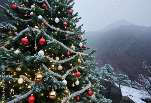 Decorated Christmas tree against the backdrop of mountains, misty white lights