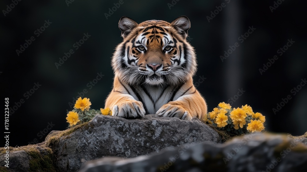 Obraz premium An elegant tiger sits gracefully on rocky terrain in its zoo habitat, showcasing its striking black and white stripes while gazing intently