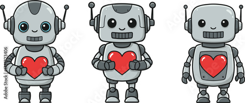 Cartoon robots with red hearts, vector emotional technology illustration, friendly AI characters, love and affection concept, cute digital companion art