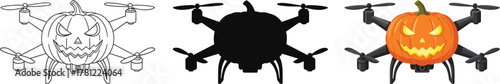 Halloween pumpkin drone illustration set featuring outline, silhouette, and vibrant colored versions. spooky tech concept for festive season designs, aerial fun, and modern celebration graphics.
