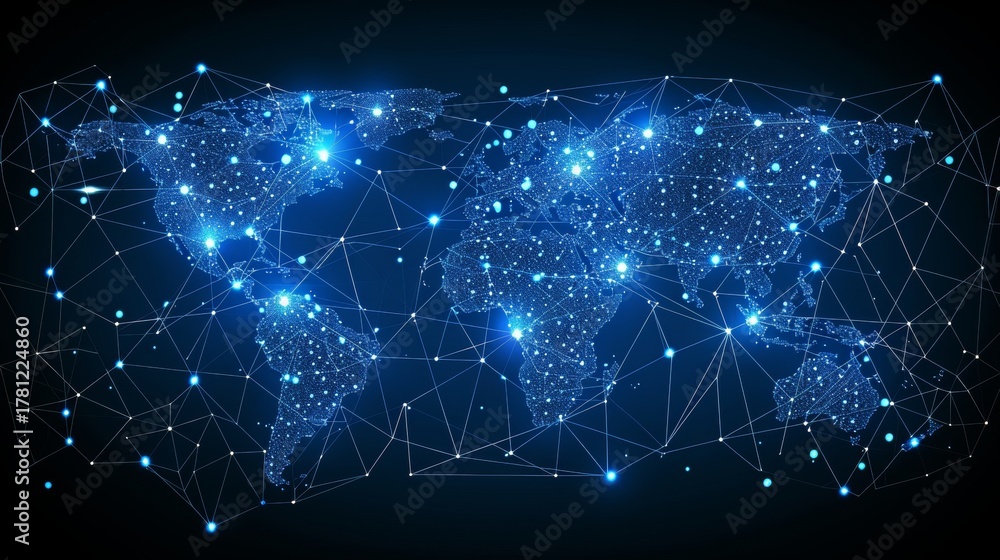 Fototapeta premium Global blockchain network a digital map illustrating the impact on intellectual property protection