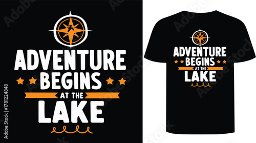 Black t shirt features white adventure text with yellow compass on black backdrop
