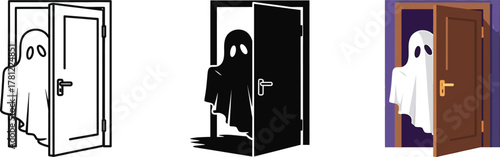 Ghost emerging from an open door, a playful spooky spirit peeking out in three distinct artistic styles: line art, silhouette, and colored cartoon illustration