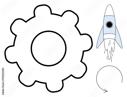 Gear alongside launching rocket and circular arrow, representing innovation, progress, teamwork, automation, growth, technology development and cycle. Ideal for systems and efficiency themes. Simple