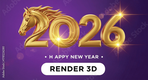 A stunning 3D render showcases a golden horse head seamlessly integrated into the year 2026, set against a vibrant purple backdrop, perfect for new year celebrations.