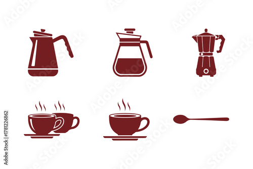 Coffee icons coffee pot, coffee cup, moka pot, spoon