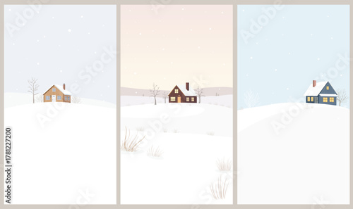 Peaceful winter landscape with cozy cottages and falling snow. Warm lights, soft colors and serene mood. Minimal vertical illustration for mobile design.