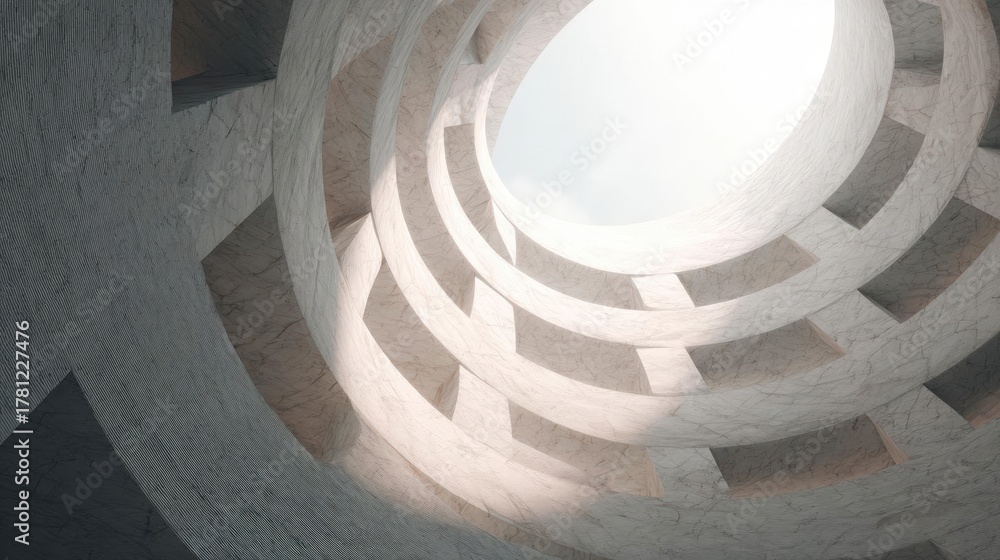 Fototapeta premium 3d rendering of a spiral staircase. the staircase is made up of multiple layers of concrete, with the top layer being the largest and the bottom layer being smaller.