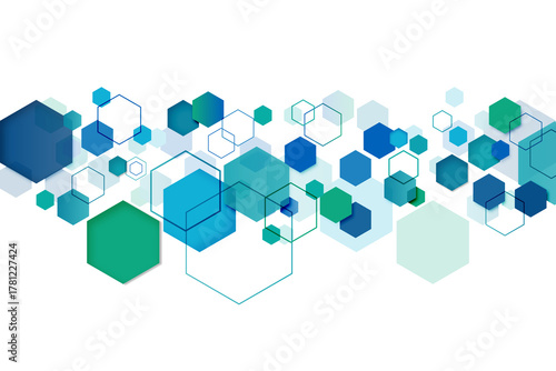 Abstract background with blue and green hexagons scattered on a white surface