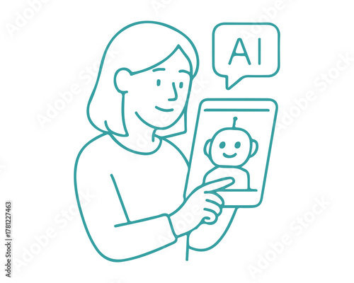 Modern line art illustration of a smiling woman interacting with AI chatbot on tablet, envisioning the future of technology and digital communication