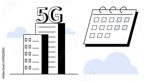 Modern skyscraper labeled 5G next to a calendar with marked dates, framed by minimalist clouds. Ideal for technology, scheduling, connectivity, innovation, wireless networks, planning