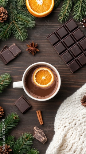 Winter background showcases hot cocoa, chocolate treats, and orange slices on a wooden table, perfect for festive designs