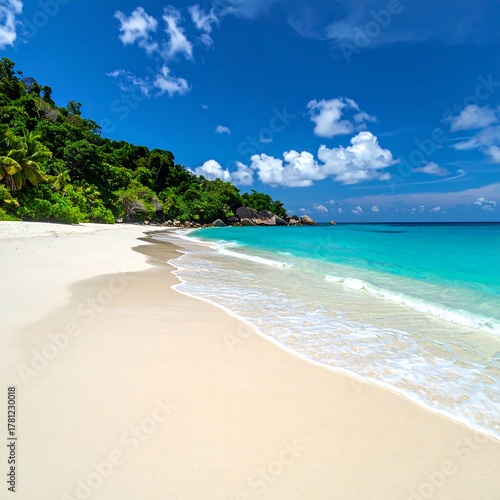 Scenic tropical coastline with turquoise water, white sand, and lush greenery