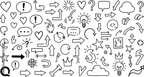 Vector Illustration of Hand-Drawn Doodle Icons: Arrows, Hearts, Clouds, Lightbulbs, Speech Bubbles, and More on Black