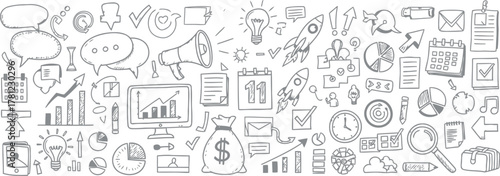 Vector Illustration of Business and Startup Icons, Hand-Drawn Doodle Style, White Background for Copy Space