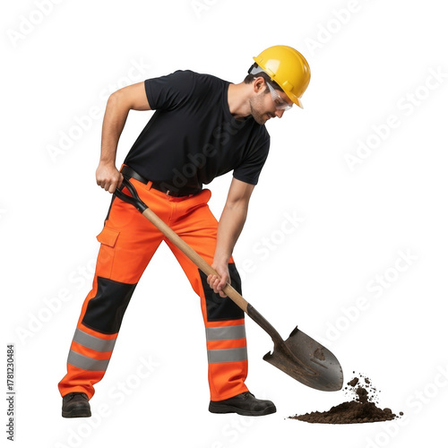 Construction worker wearing a yellow hard hat and orange work pants digging with a shovel isolated on transparent background