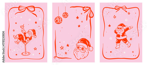 Whimsical quirky funny Merry Christmas and Happy New Year posters with dancing Santa Claus in star and heart glasses. Christmas nightclub disco party invitations in coquette, girly, bachelorette style