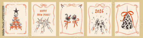 Merry Christmas and Happy New Year hand drawn sketch doodle poster set. Whimsical coquettish bachelorette xmas party, girly disco background. Bow ribbon frame with cocktail, champagne