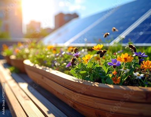 Rooftop garden with blooming flowers, bees, and solar panels