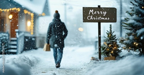 Fototapeta Naklejka Na Ścianę i Meble -  Winter scene depicts person walking snowy street. Festive decorations visible, including small tree, Merry Christmas sign. Quiet, peaceful moment.
