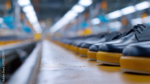 Shoes lined up on factory conveyor belt, concept of production, industry, footwear manufacturing and efficiency.