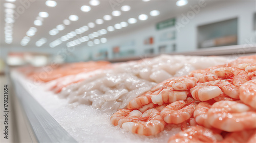 Fresh seafood displayed on ice in supermarket section, concept of freshness, quality and healthy food.