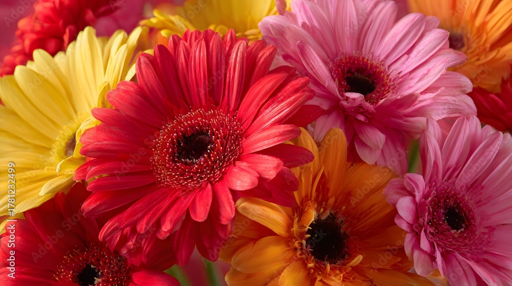 Fototapeta premium Vibrant bouquet of colorful composite flowers fills the frame with rich detail.