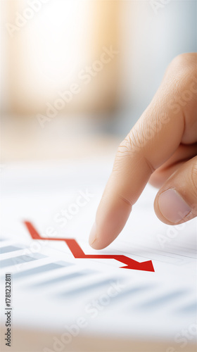 Finger pointing at red downward arrow on financial graph, concept of market decline, loss and economic analysis.