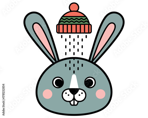 A cartoon rabbit wearing a winter hat with rain falling.
