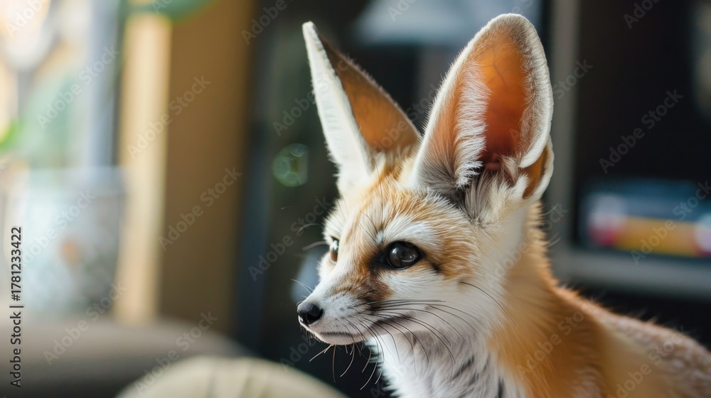 Obraz premium A close-up of a fennec fox with large ears and a reddish-brown coat. The fox is sitting indoors, with soft lighting and a blurred background.