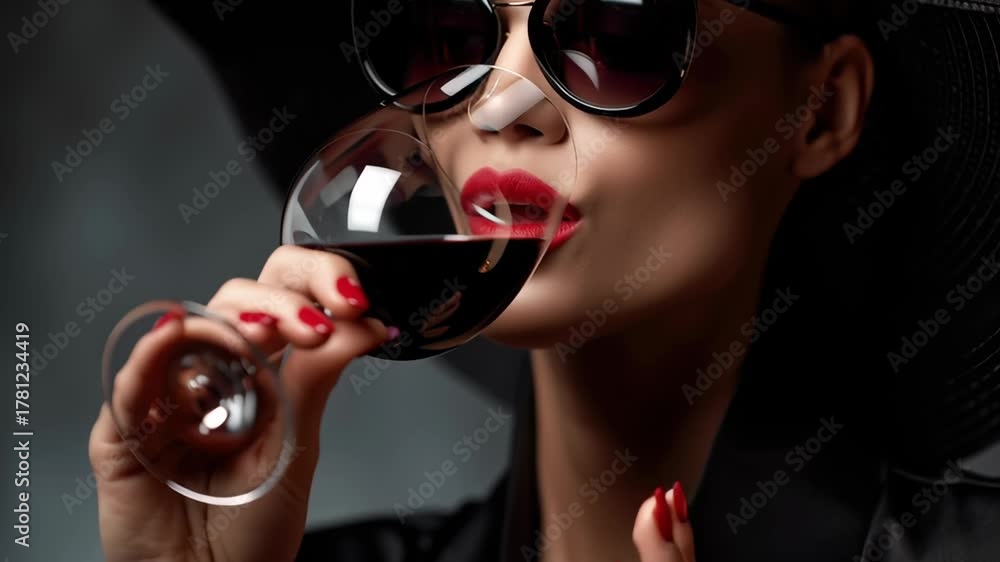 A woman wearing a black hat and sunglasses is holding a wine glass. She ...