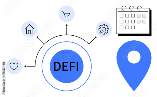 Decentralized finance hub with icons for heart, house, shopping cart, gear, calendar, and map marker. Ideal for fintech, innovation, blockchain technology planning connectivity and simplicity