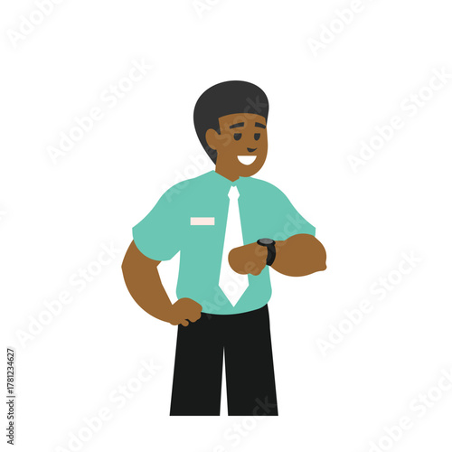 Standing man checking time on wristwatch. Businessman looking at watch. Cartoon people.