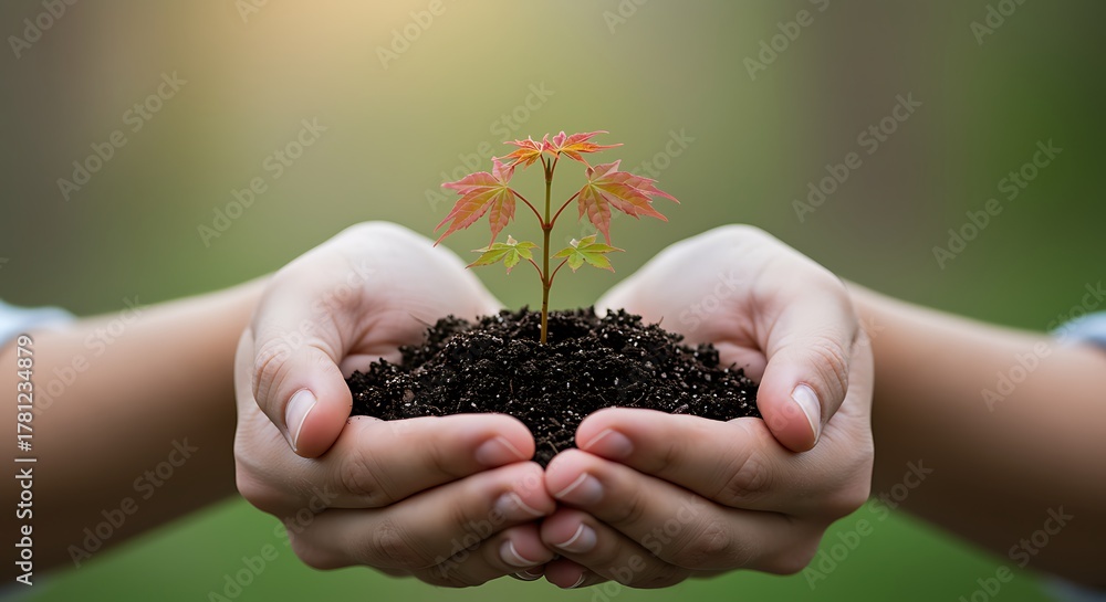 Fototapeta premium Hands holding young plant with red and green leaves in dark soil seedling sprout