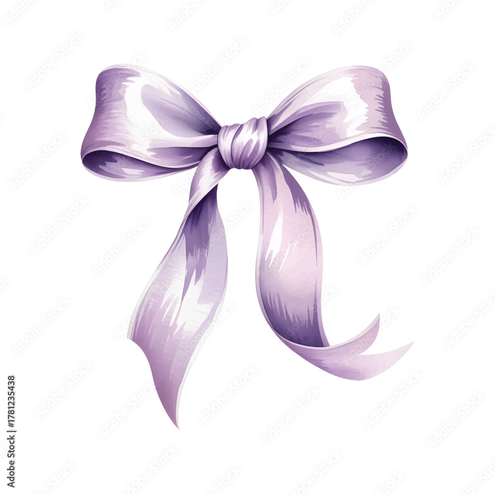 Naklejka premium Watercolor hand painted lavender ribbon bow illustration. Soft watercolor lavender gift bow decoration.