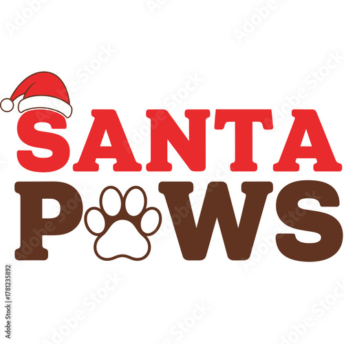 Santa Paws vector illustration festive Christmas design with a paw print and Santa hat for holiday cards and pet-related promotions typography t shirt design