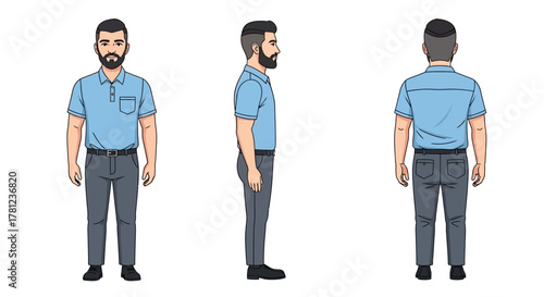 Vector illustration of a bearded young man character in various looks
