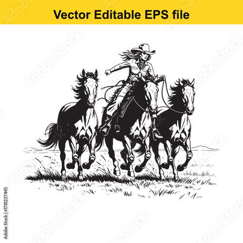 Cowgirl riding three horses in a field, vector illustration