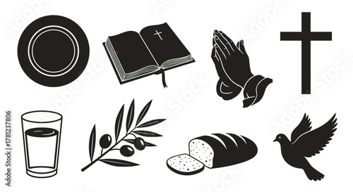 Christian symbols illustration featuring bible, cross, praying hands, eucharist, and holy spirit dove art