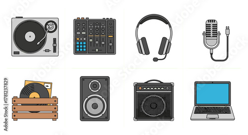 Illustration of dj equipment mixer turntable microphone headphones amplifier and laptop for music production