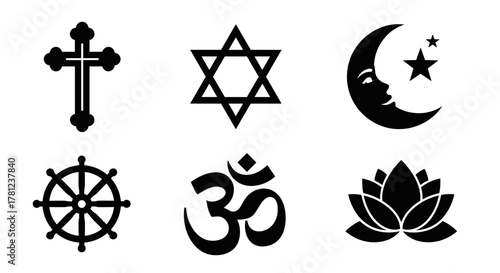 Collection of religious symbols representing christianity judaism islam buddhism hinduism and sikhism