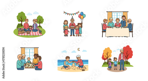 Illustrations showing diverse family activities and generations spending time together in various settings