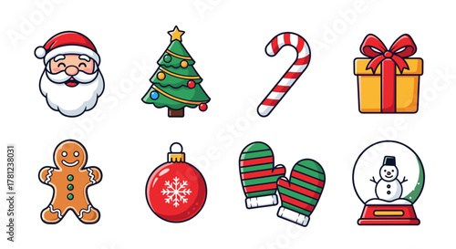 Festive holiday icons set featuring santa claus tree candy cane gift gingerbread and ornament mittens globe