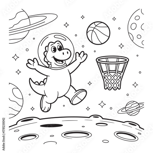 Happy dinosaur astronaut playing basketball on moon surface


