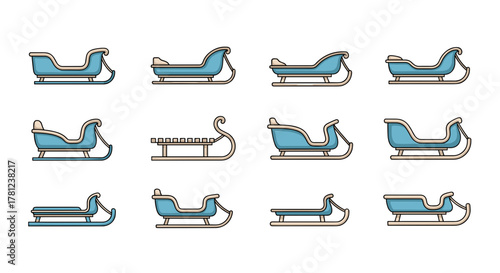 Illustration of various winter sleds for snow riding and fun christmas holiday activity and seasonal designs