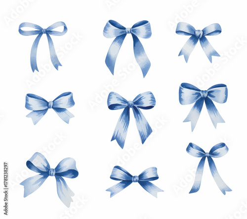 Watercolor hand painted blue ribbon bow collection. Soft pastel watercolor blue bows for design and craft.